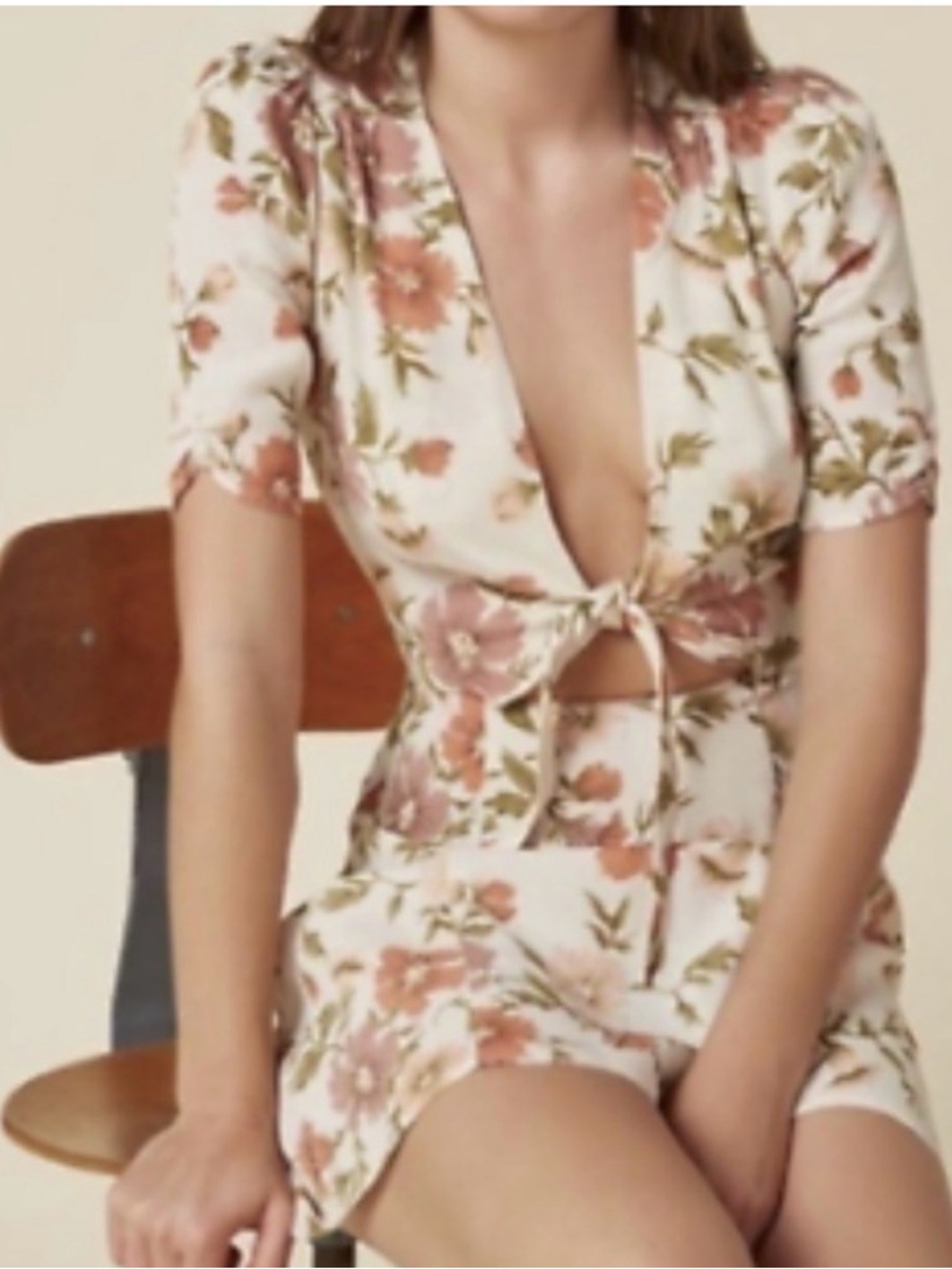 Reformation Grace Cream Floral Tie-Front Dress size 6